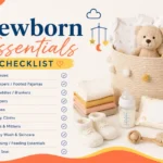 Newborn essentials checklist with baby clothes, diapers and bottles laid out