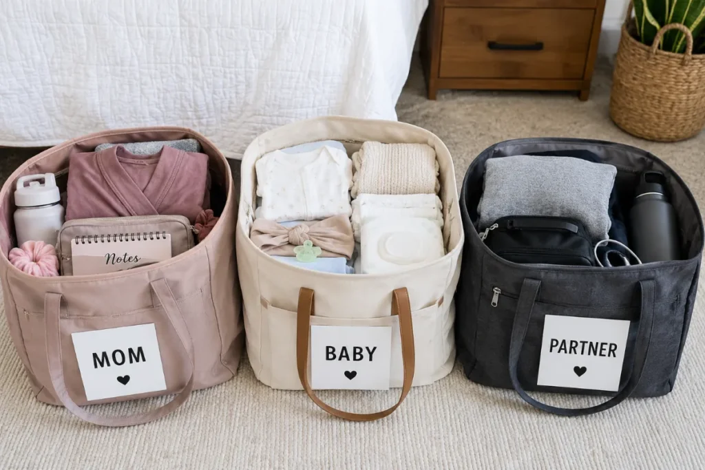 Hospital bag packed and ready by the door at 36 weeks of pregnancy